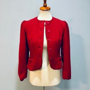 VTG 60s Red Pure Wool Cropped Blazer Jacket Collarless Puffed Shoulder, Size S